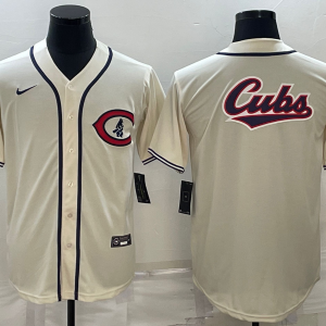 Men Chicago Cubs Cream Team Big Logo Cool Base Stitched Jersey