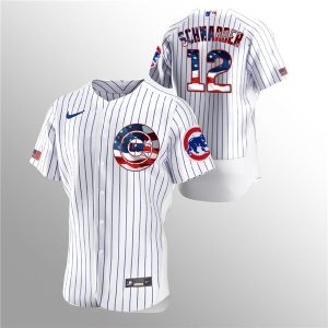 Men Chicago Cubs White #12 Kyle Schwarber 2020 Stars & Stripes Flex Base Stitched MLB Jersey