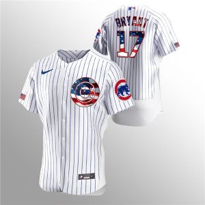 Men Chicago Cubs White #17 Kris Bryant 2020 Stars & Stripes Flex Base Stitched MLB Jersey