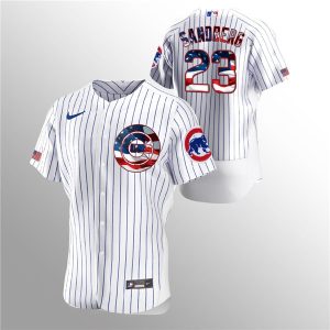 Men Chicago Cubs White #23 Ryne Sandberg 2020 Stars & Stripes Flex Base Stitched MLB Jersey