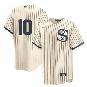 Men Chicago White Sox #10 Yoan Moncada 2021 Cream/Navy Field Of Dreams Cool Base Stitched Jersey