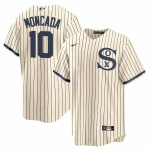 Men Chicago White Sox #10 Yoan Moncada 2021 Cream/Navy Name&Number Field of Dreams Cool Base Stitched Jersey