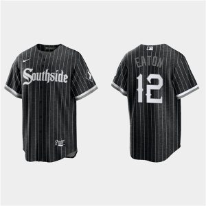 Men Chicago White Sox #12 Adam Eaton Black 2021 City Connect Cool Base Stitched MLB Jersey