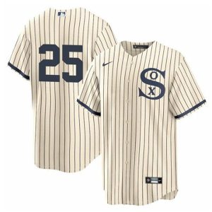 Men Chicago White Sox #25 Andrew Vaughn 2021 Cream/Navy Field Of Dreams Cool Base Stitched Jersey