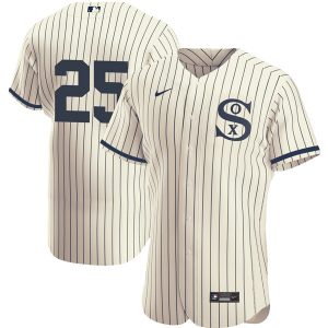 Men Chicago White Sox #25 Andrew Vaughn 2021 Cream/Navy Field of Dreams Flex Base Stitched Jersey