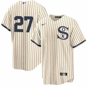 Men Chicago White Sox #27 Lucas Giolito 2021 Cream/Navy Field Of Dreams Cool Base Stitched Jersey