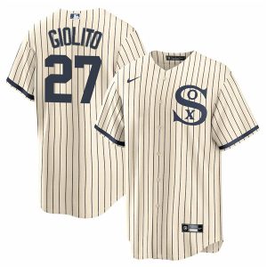 Men Chicago White Sox #27 Lucas Giolito 2021 Cream/Navy Name&Number Field of Dreams Cool Base Stitched Jersey