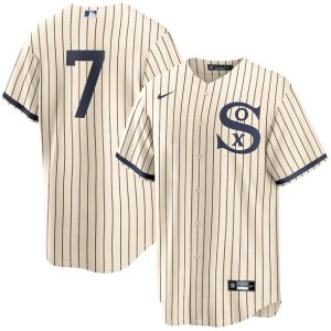 Men Chicago White Sox #7 Tim Anderson 2021 Cream/Navy Field of Dreams Cool Base Stitched Jersey