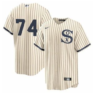 Men Chicago White Sox #74 Eloy Jimenez 2021 Cream/Navy Field of Dreams Cool Base Stitched Jersey