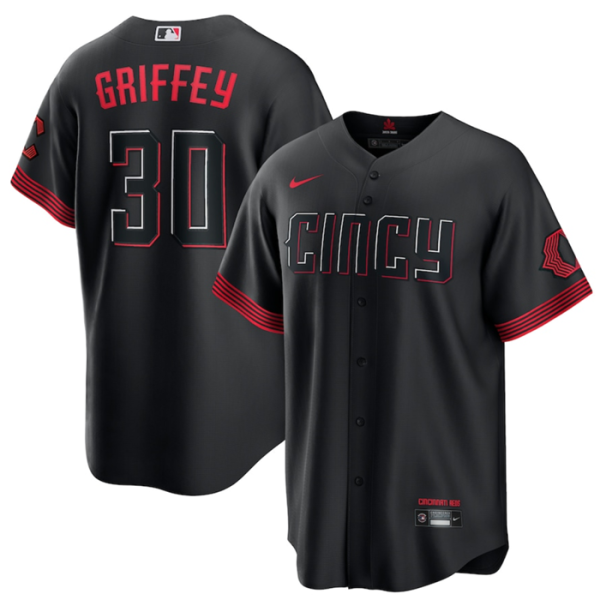 Men Cincinnati Reds #30 Ken Griffey Jr. Black 2023 City Connect Stitched Jersey