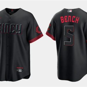 Men Cincinnati Reds #5 Johnny Bench Black 2023 City Connect Cool Base Stitched Baseball Jersey