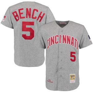 Men Cincinnati Reds #5 Johnny Bench Mitchell & Ness Gray 1969 Throwback Jersey