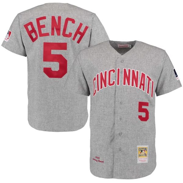 Men Cincinnati Reds #5 Johnny Bench Mitchell & Ness Gray 1969 Throwback Jersey