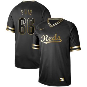 Men Cincinnati Reds #66 Yasiel Puig Black Gold Stitched MLB Jersey