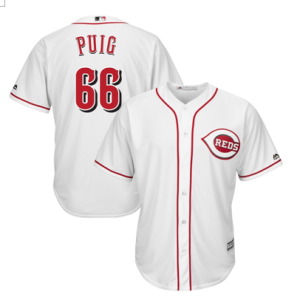 Men Cincinnati Reds #66 Yasiel Puig Majestic White 2019 Home Cool Base Stitched MLB Jersey