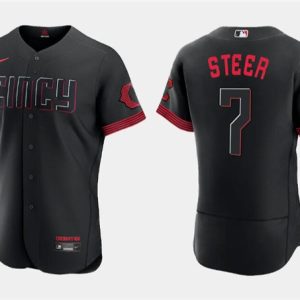 Men Cincinnati Reds #7 Spencer Steer Black 2023 City Connect Flex Base Stitched Jersey