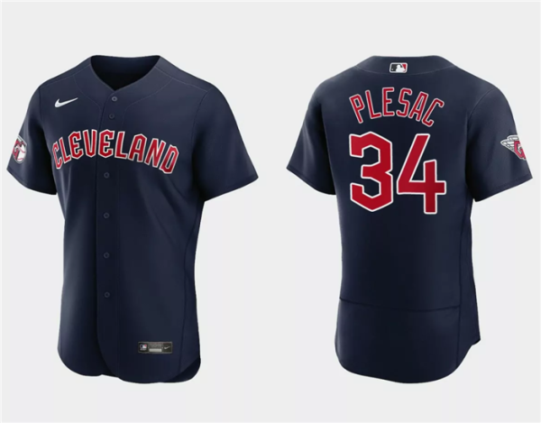 Men Cleveland Guardians #34 Zach Plesac Navy Flex Base Stitched Jersey