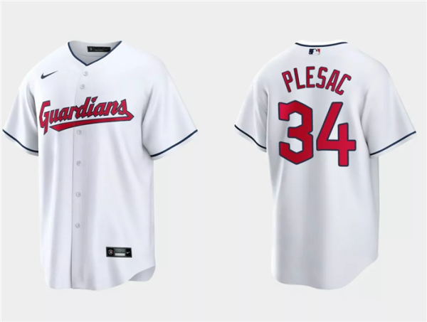 Men Cleveland Guardians #34 Zach Plesac White Cool Base Stitched Jersey