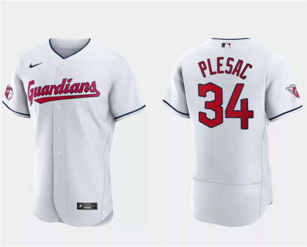 Men Cleveland Guardians #34 Zach Plesac White Flex Base Stitched Jersey