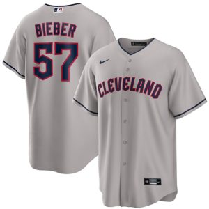 Men Cleveland Guardians #57 Shane Bieber Gray Cool Base Stitched Jersey