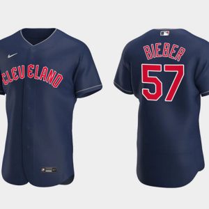 Men Cleveland Guardians #57 Shane Bieber Navy Flex Base Stitched Jersey