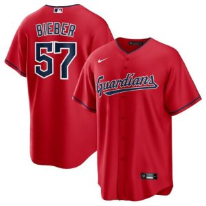 Men Cleveland Guardians #57 Shane Bieber Red Cool Base Stitched Baseball Jersey