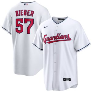 Men Cleveland Guardians #57 Shane Bieber White Cool Base Stitched Baseball Jersey