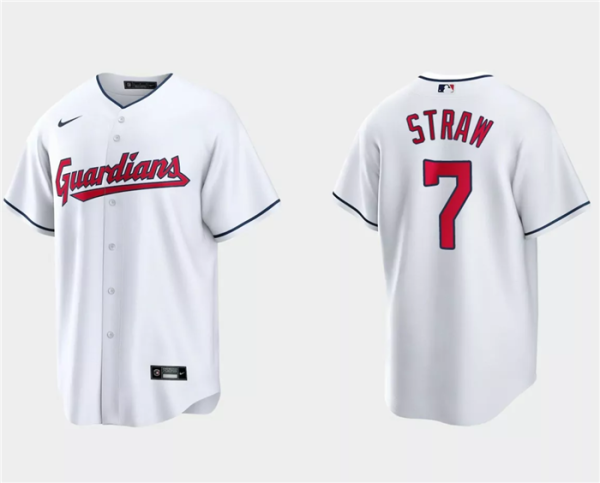 Men Cleveland Guardians #7 Myles Straw White Cool Base Stitched Jersey