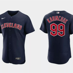 Men Cleveland Guardians #99 James Karinchak Navy Flex Base Stitched Jersey