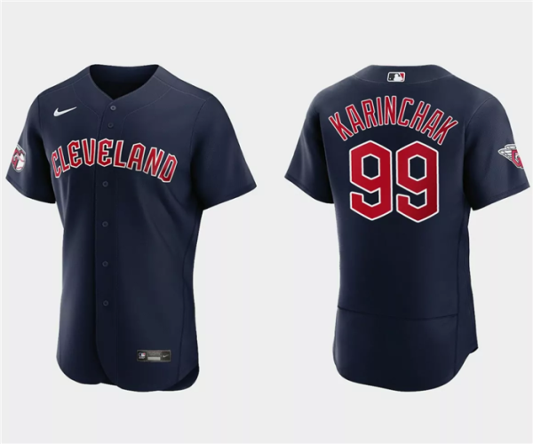 Men Cleveland Guardians #99 James Karinchak Navy Flex Base Stitched Jersey