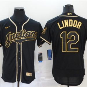 Men Cleveland Indians #12 Francisco Lindor 2020 Black Golden Flex Base Stitched MLB Jersey