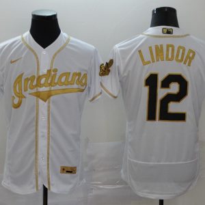 Men Cleveland Indians #12 Francisco Lindor 2020 White Golden Flex Base Stitched MLB Jersey