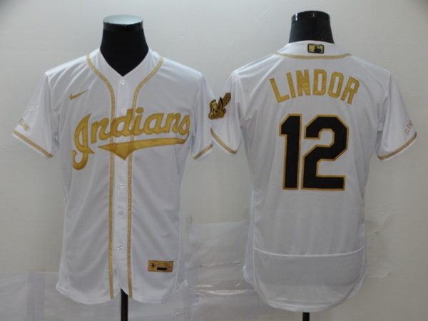 Men Cleveland Indians #12 Francisco Lindor 2020 White Golden Flex Base Stitched MLB Jersey