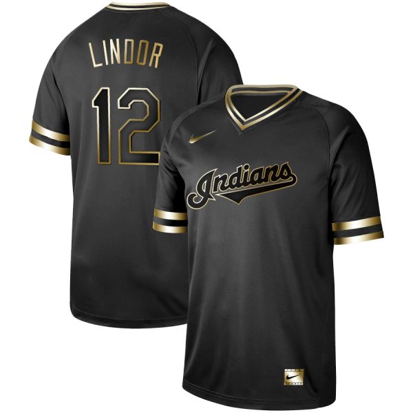 Men Cleveland Indians #12 Francisco Lindor Black Gold Stitched MLB Jersey