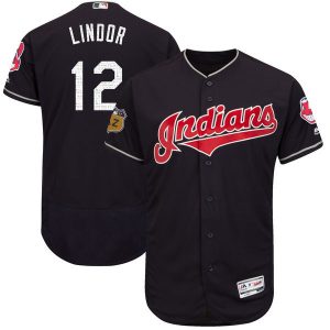 Men Cleveland Indians #12 Francisco Lindor Majestic Navy 2017 Spring Training Flex Base Player Stitched MLB Jersey