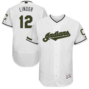 Men Cleveland Indians #12 Francisco Lindor Majestic White 2017 Memorial Day Collection Flex Base Player Stitched MLB Jersey