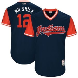 Men Cleveland Indians #12 Francisco Lindor 'Mr. Smile' Navy/Red Cool Base Stitched Jersey