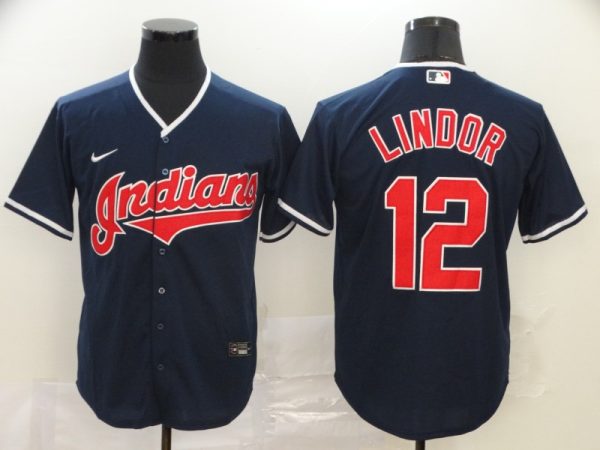 Men Cleveland Indians #12 Francisco Lindor Navy Cool Base Stitched MLB Jersey