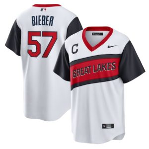 Men Cleveland Indians #57 Shane Bieber 2021 White Little League Classic Home Cool Base Stitched Baseball Jersey