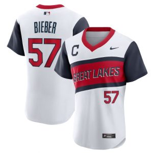 Men Cleveland Indians #57 Shane Bieber 2021 White Little League Classic Home Flex Base Stitched Baseball Jersey