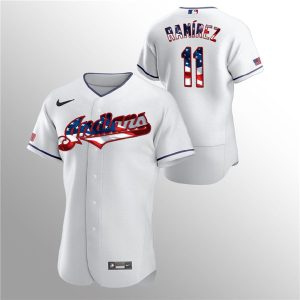 Men Cleveland Indians White #11 Jose Ramirez 2020 Stars & Stripes Flex Base Stitched MLB Jersey