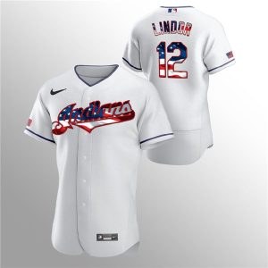 Men Cleveland Indians White #12 Francisco Lindor 2020 Stars & Stripes Flex Base Stitched MLB Jersey