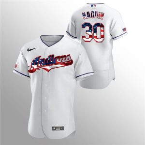 Men Cleveland Indians White #30 Tyler Naquin 2020 Stars & Stripes Flex Base Stitched MLB Jersey