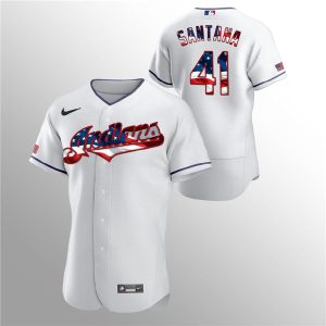 Men Cleveland Indians White #41 Carlos Santana 2020 Stars & Stripes Flex Base Stitched MLB Jersey