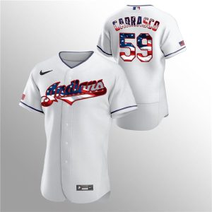 Men Cleveland Indians White #59 Carlos Carrasco 2020 Stars & Stripes Flex Base Stitched MLB Jersey