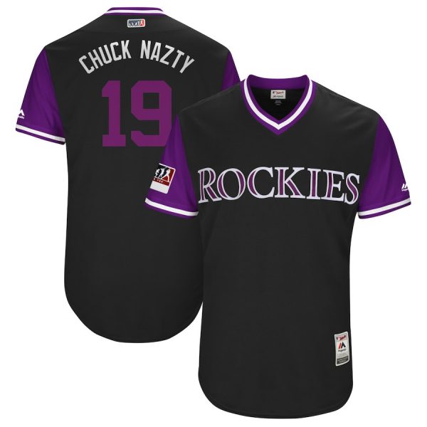 Men Colorado Rockies Charlie Blackmon "Chuck Nazty" Majestic Black/Purple 2018 Players' Weekend Jersey