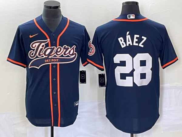 Men Detroit Tigers #28 Javier Baez Navy Cool Base Stitched Baseball Jersey