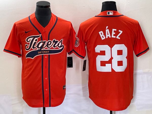 Men Detroit Tigers #28 Javier Baez Orange Cool Base Stitched Baseball Jersey