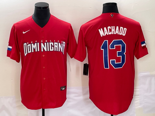 Men Dominican Republic Baseball #13 Manny Machado 2023 Red World Baseball Classic Stitched Jersey