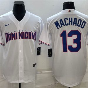 Men Dominican Republic Baseball #13 Manny Machado 2023 White World Baseball Classic Stitched Jersey